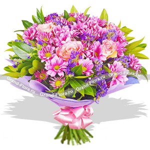 Смешаный букет в фиолетовой гамме из роз и хризантем